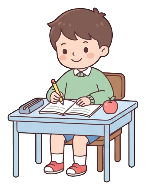 Simple cute flat cartoon illustration with soft pastel colors and thin clean dark outlines of a little boy, child doing homework at a small desk with a pencil, transparent background PNG