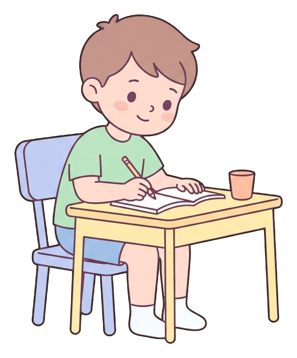 Simple cute flat cartoon illustration with soft pastel colors and thin clean dark outlines of a little boy, child doing homework at a small desk with a pencil, transparent background PNG