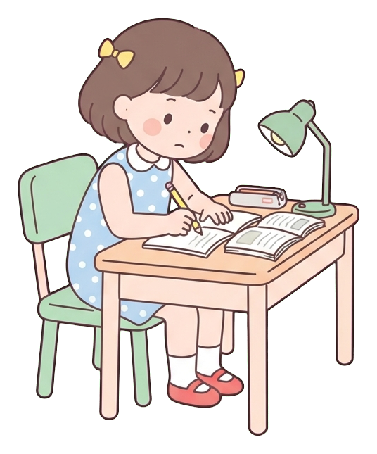 Simple cute flat cartoon illustration with soft pastel colors and thin clean dark outlines of a little girl, child doing homework at a small desk with a pencil, transparent background PNG