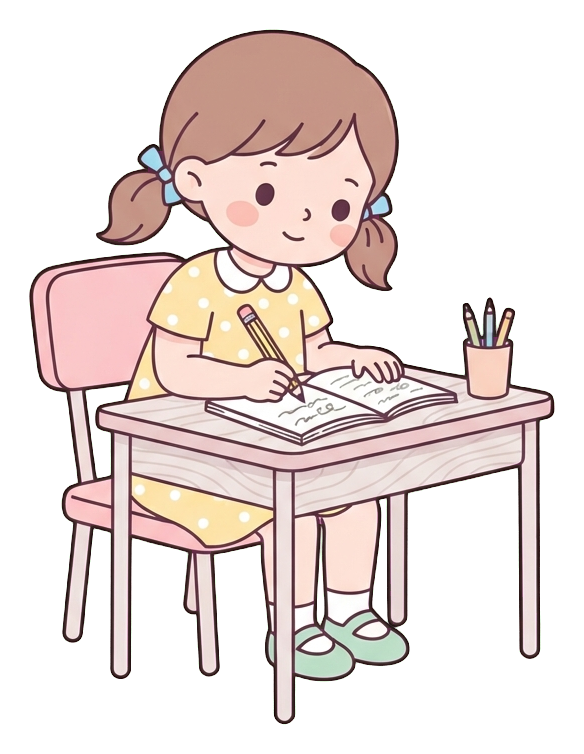 Simple cute flat cartoon illustration with soft pastel colors and thin clean dark outlines of a little girl, child doing homework at a small desk with a pencil, transparent background PNG