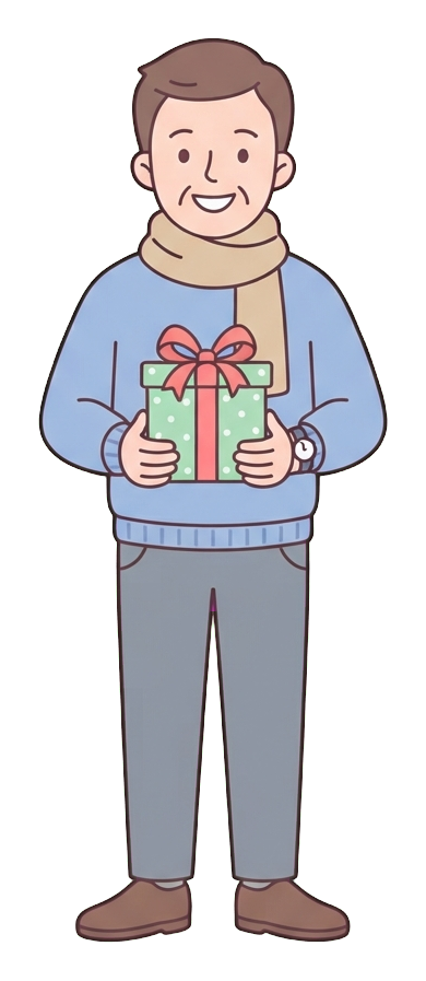 Ilustración de dibujos animados plana, simple y linda, con colores pastel suaves y contornos oscuros limpios y finos de un hombre de mediana edad, una persona entregando felizmente un regalo de Navidad envuelto, PNG con fondo transparente