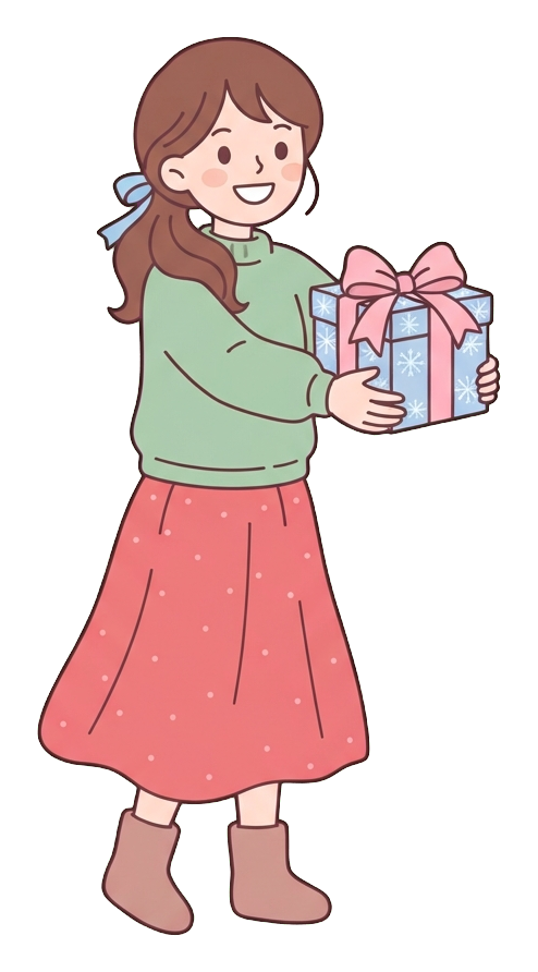Simple cute flat cartoon illustration with soft pastel colors and thin clean dark outlines of a young woman, person happily giving a wrapped christmas present, transparent background PNG