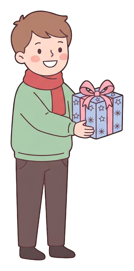 Ilustração de desenho animado plana, simples e fofa, com cores pastel suaves e contornos escuros limpos e finos de um homem jovem, pessoa dando alegremente um presente de natal embrulhado, fundo transparente PNG