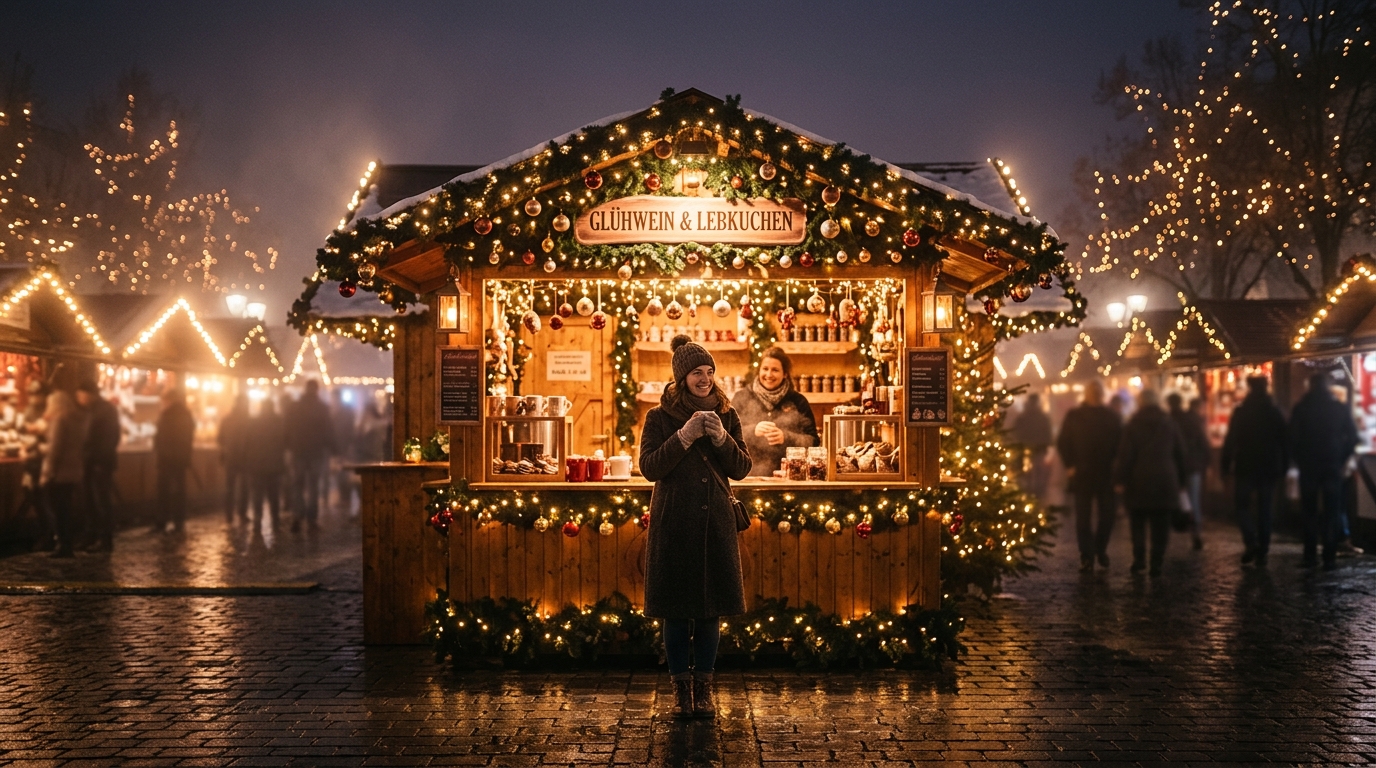 Photorealistic photo of christmas market with warm lights at night, centered subject with a simple uncluttered composition, misty morning haze, dreamy, 16:9 aspect ratio