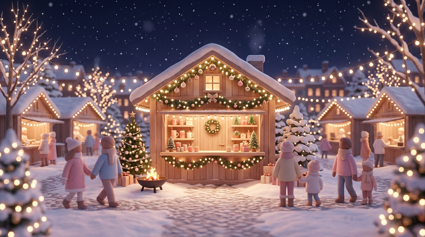 Soft 3d render of christmas market with warm lights at night, centered subject with a simple uncluttered composition, soft pastel colors, bright and cozy, 16:9 aspect ratio