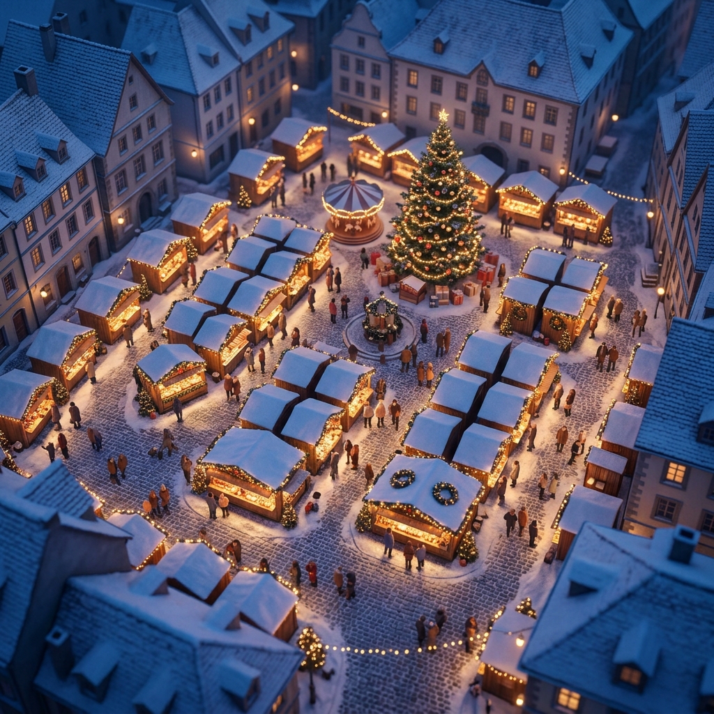 Soft 3d render of christmas market with warm lights at night, high-angle view from above, cool blue tones, quiet atmosphere, 1:1 aspect ratio