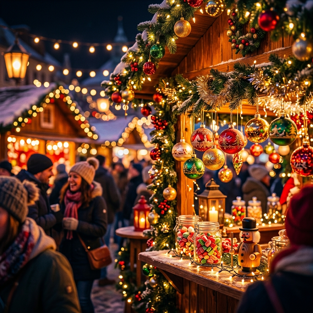 Soft 3d render of christmas market with warm lights at night, close-up detail with shallow depth of field, vivid colors, high contrast, energetic, 1:1 aspect ratio