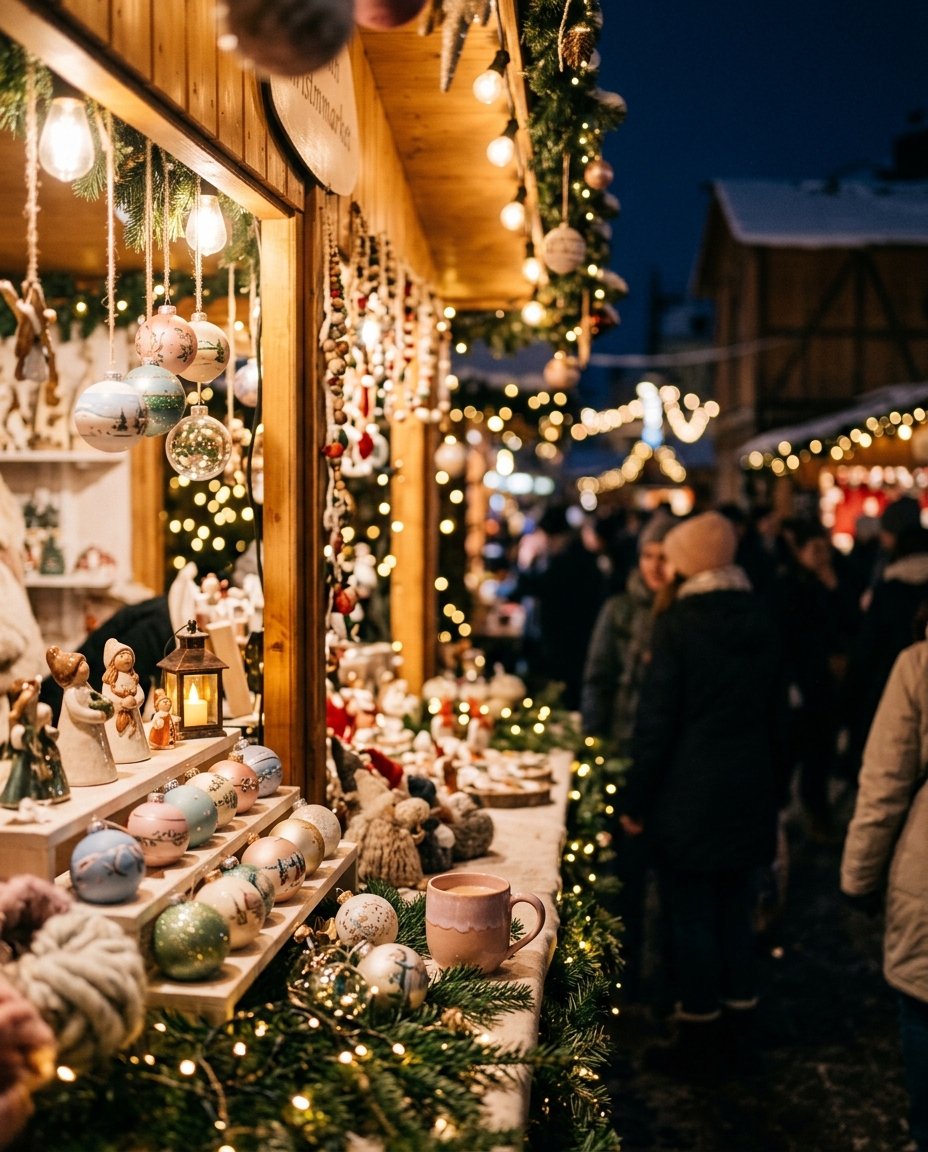 Cinematic film still of christmas market with warm lights at night, close-up detail with shallow depth of field, soft pastel colors, bright and cozy, 4:5 aspect ratio