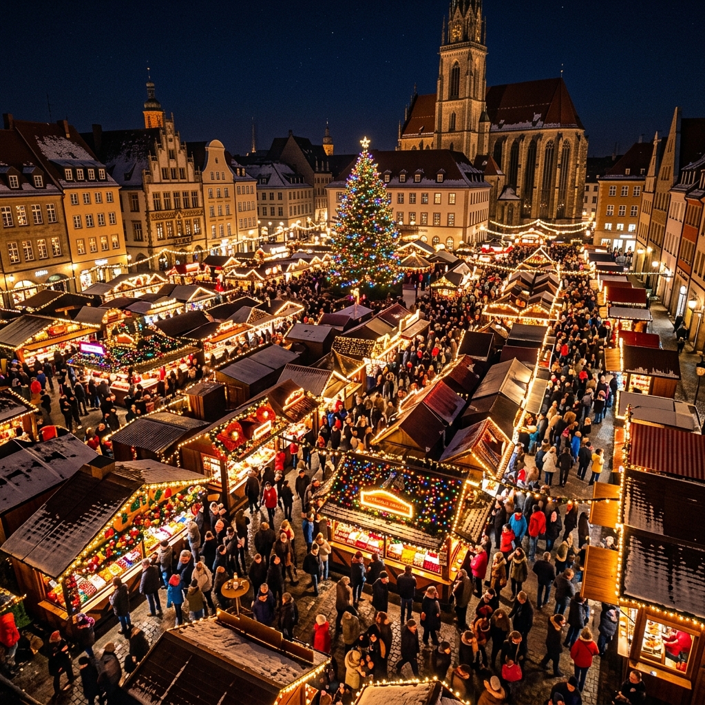 Photorealistic photo of christmas market with warm lights at night, high-angle view from above, vivid colors, high contrast, energetic, 1:1 aspect ratio