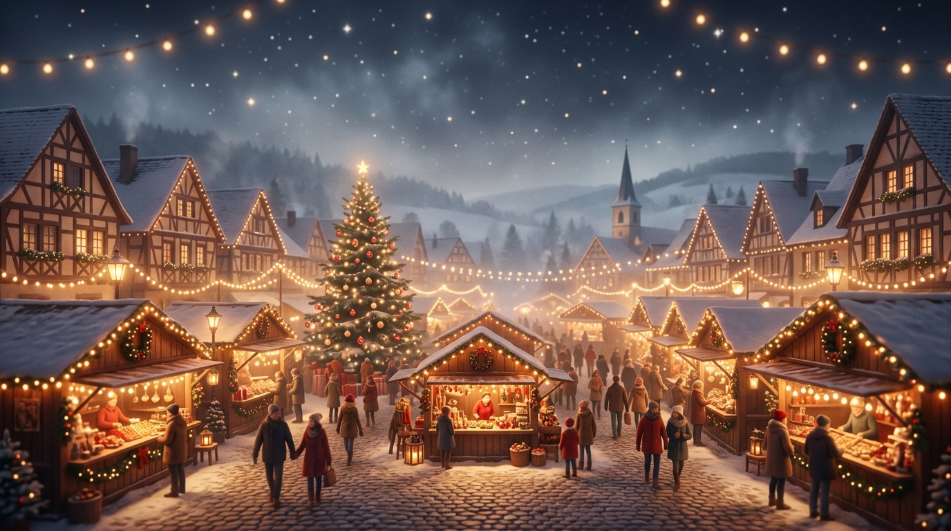 Soft 3d render of christmas market with warm lights at night, wide shot with open space at the top for text, misty morning haze, dreamy, 16:9 aspect ratio