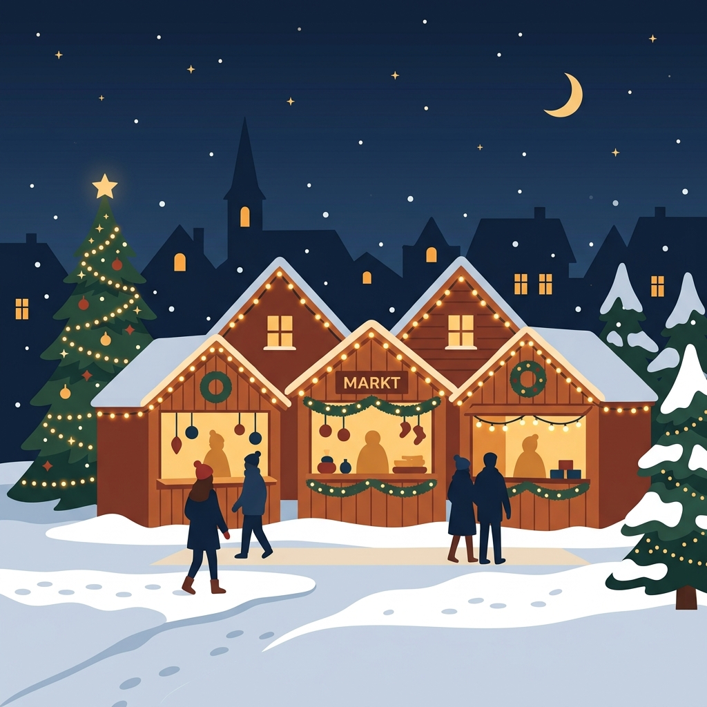 Minimal flat illustration of christmas market with warm lights at night, centered subject with a simple uncluttered composition, warm golden light, calm mood, 1:1 aspect ratio