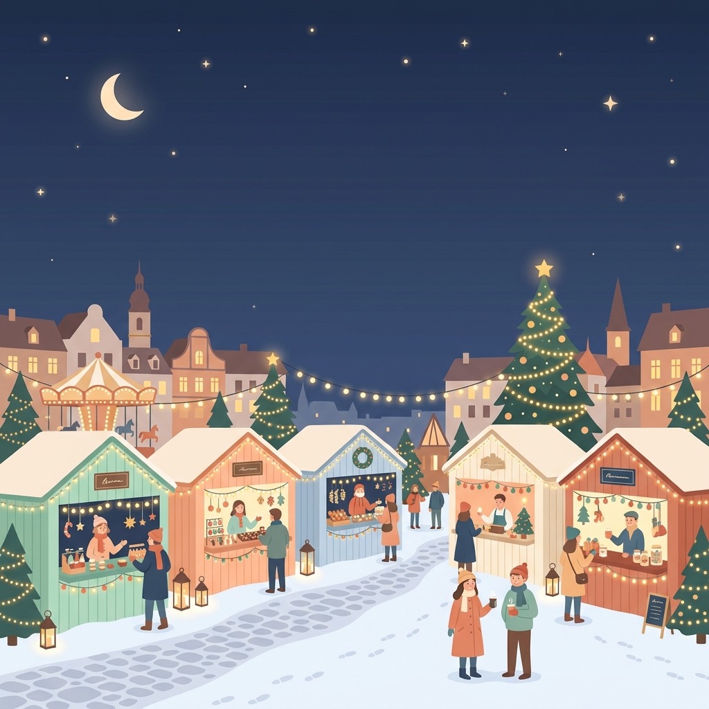 Minimal flat illustration of christmas market with warm lights at night, wide shot with open space at the top for text, soft pastel colors, bright and cozy, 1:1 aspect ratio