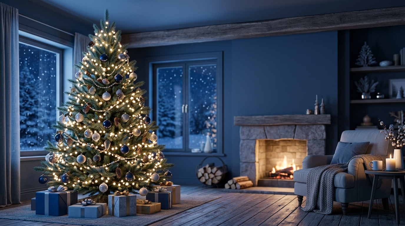 Soft 3d render of christmas tree with warm lights, wide shot with open space at the top for text, cool blue tones, quiet atmosphere, 16:9 aspect ratio