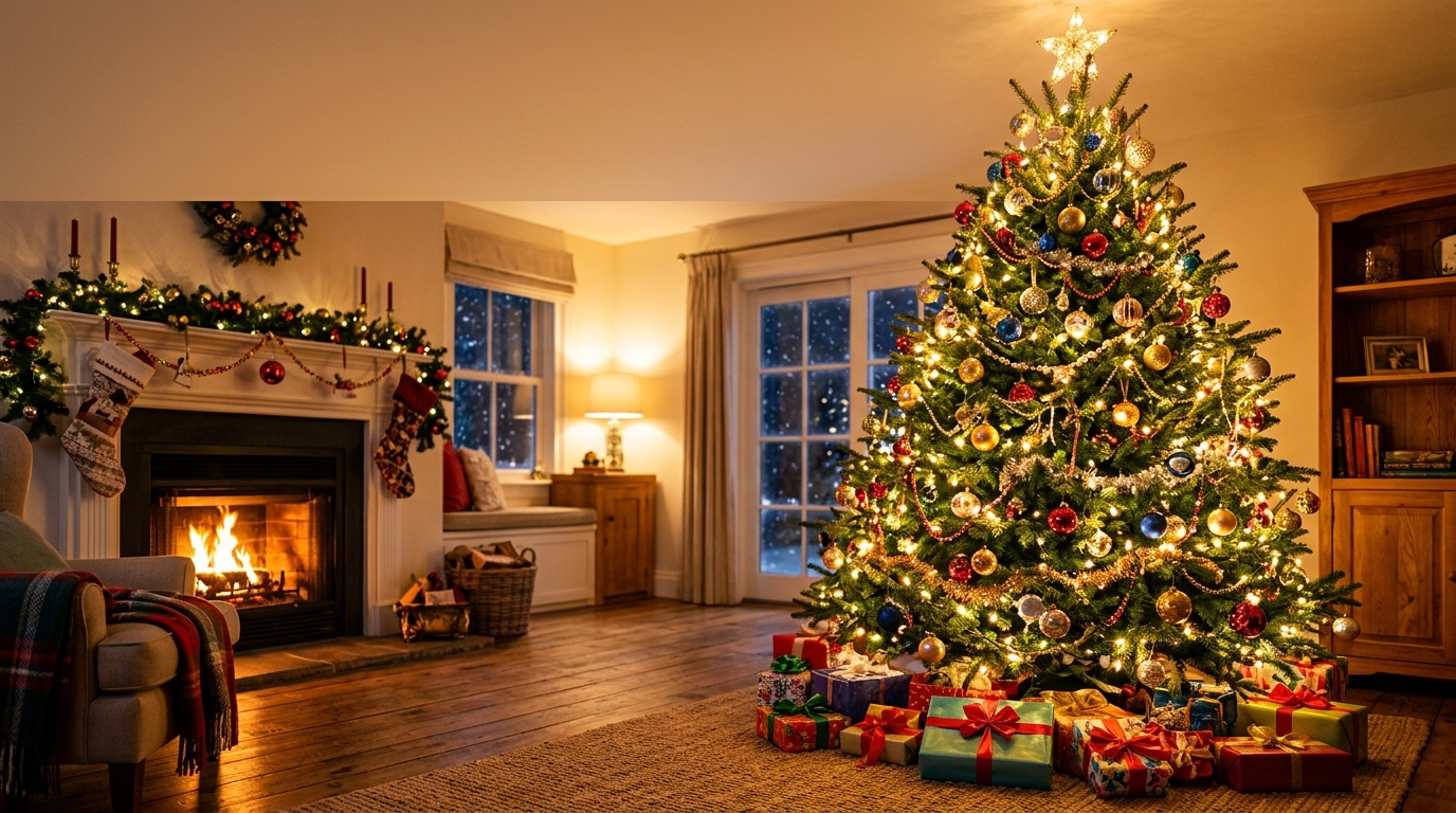 Photorealistic photo of christmas tree with warm lights, wide shot with open space at the top for text, vivid colors, high contrast, energetic, 16:9 aspect ratio