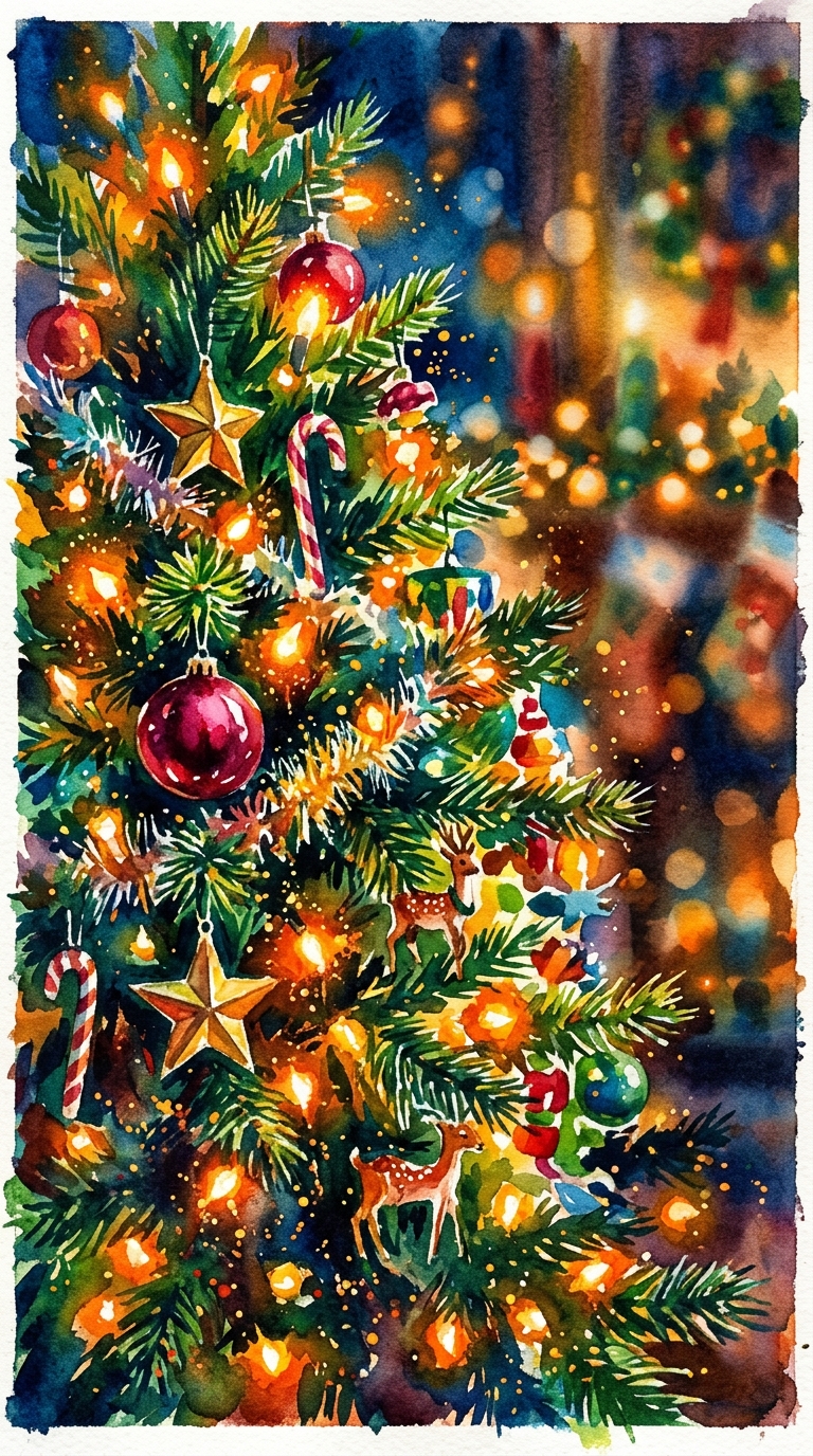 Watercolor illustration of christmas tree with warm lights, close-up detail with shallow depth of field, vivid colors, high contrast, energetic, 9:16 aspect ratio
