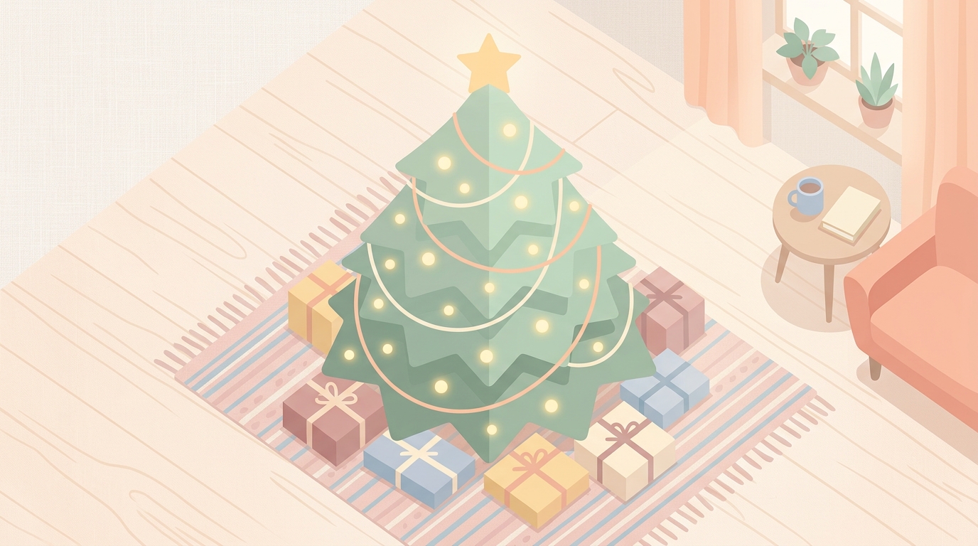 Minimal flat illustration of christmas tree with warm lights, high-angle view from above, soft pastel colors, bright and cozy, 16:9 aspect ratio