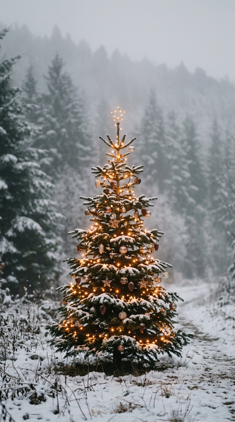 Cinematic film still of christmas tree with warm lights, centered subject with a simple uncluttered composition, misty morning haze, dreamy, 9:16 aspect ratio