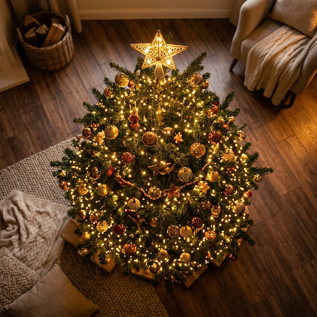 Photorealistic photo of christmas tree with warm lights, high-angle view from above, warm golden light, calm mood, 1:1 aspect ratio