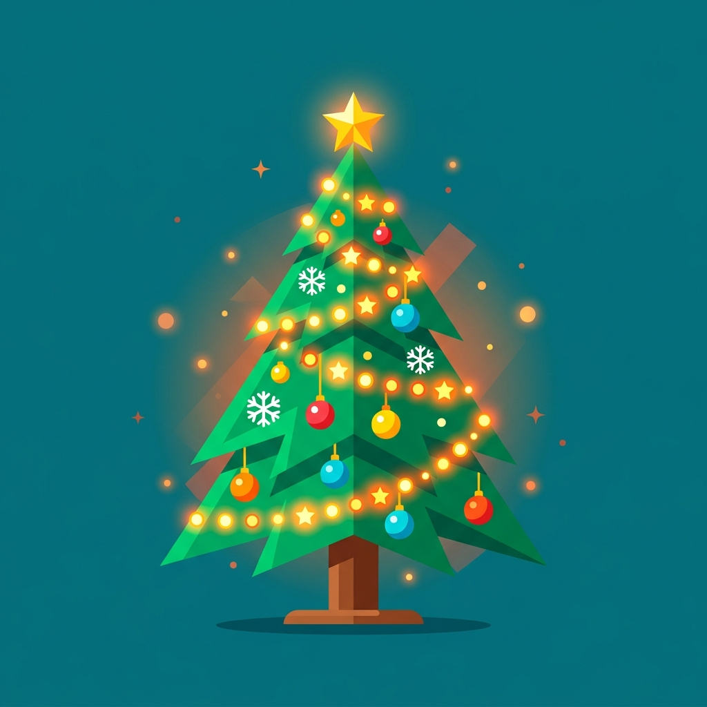 Minimal flat illustration of christmas tree with warm lights, centered subject with a simple uncluttered composition, vivid colors, high contrast, energetic, 1:1 aspect ratio