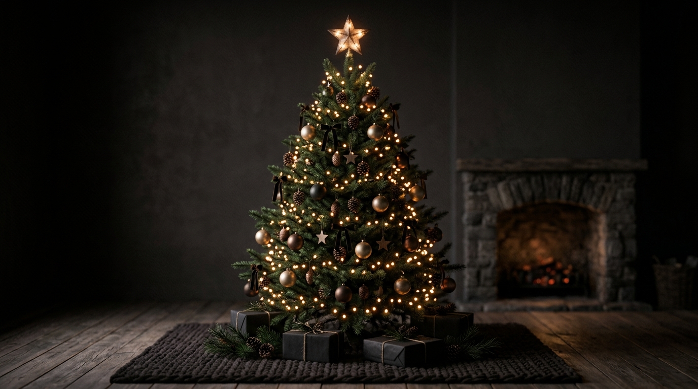 Soft 3d render of christmas tree with warm lights, centered subject with a simple uncluttered composition, moody dark tones, dramatic lighting, 16:9 aspect ratio