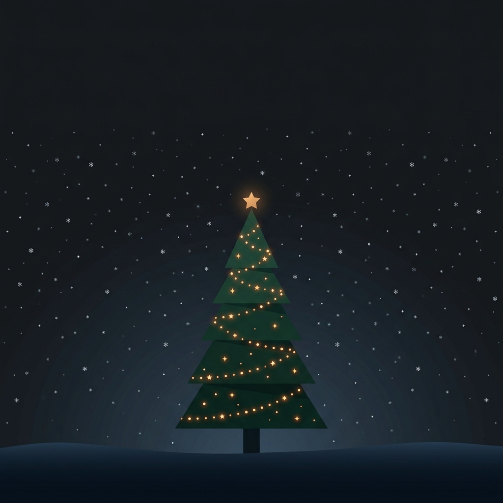 Minimal flat illustration of christmas tree with warm lights, wide shot with open space at the top for text, moody dark tones, dramatic lighting, 1:1 aspect ratio