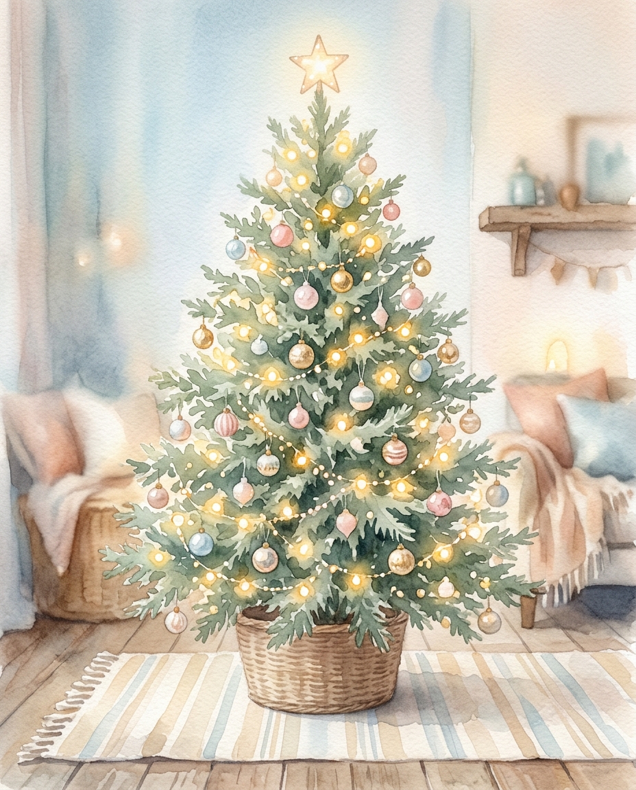 Watercolor illustration of christmas tree with warm lights, centered subject with a simple uncluttered composition, soft pastel colors, bright and cozy, 4:5 aspect ratio