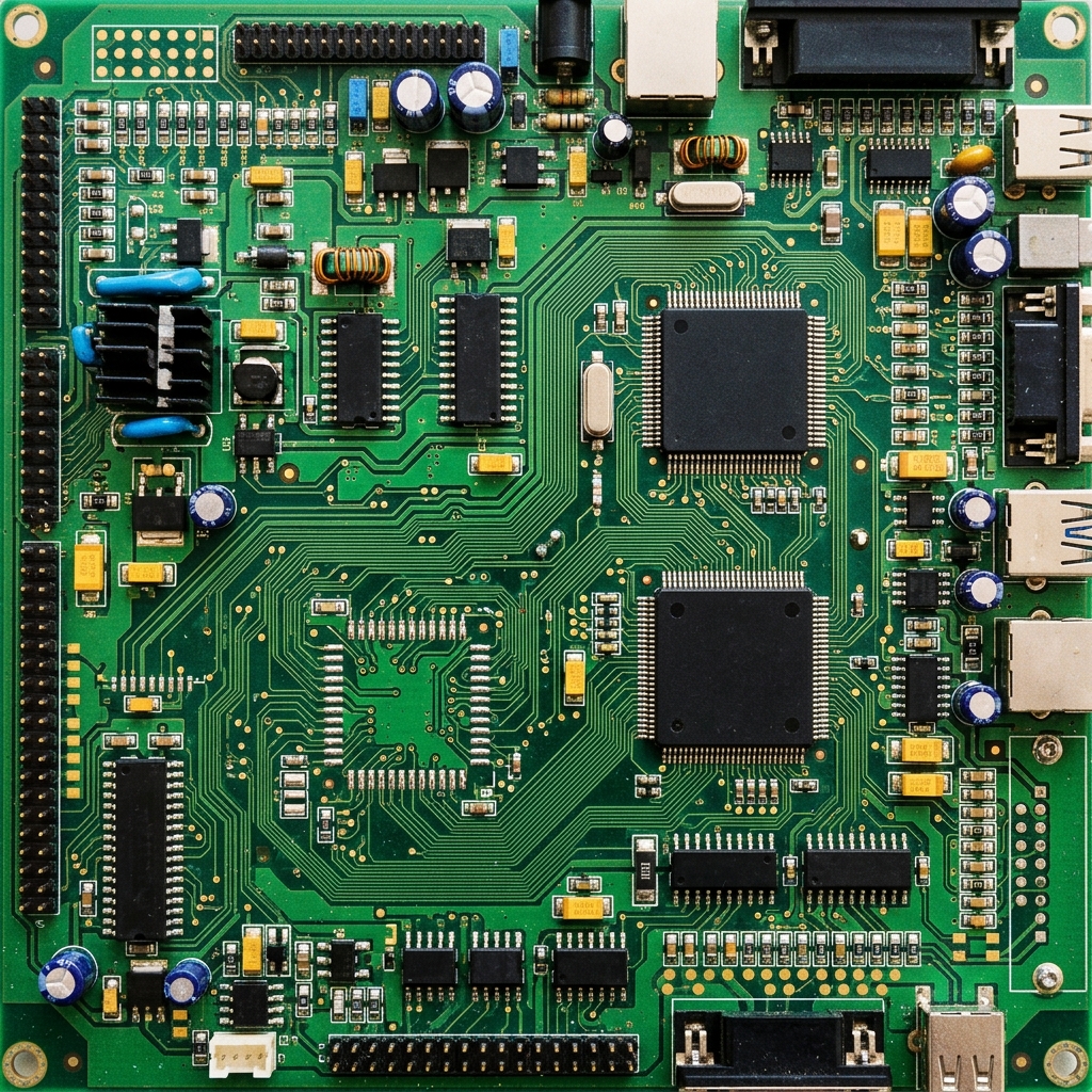 Photorealistic photo of a detailed green circuit board, high-angle view from above, vivid colors, high contrast, energetic, 1:1 aspect ratio