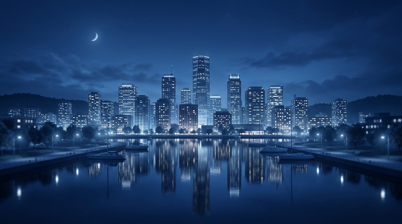 Soft 3d render of city skyline at night, centered subject with a simple uncluttered composition, cool blue tones, quiet atmosphere, 16:9 aspect ratio