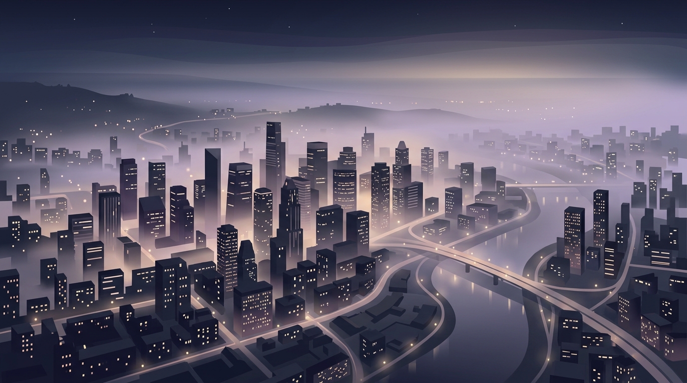Minimal flat illustration of city skyline at night, high-angle view from above, misty morning haze, dreamy, 16:9 aspect ratio
