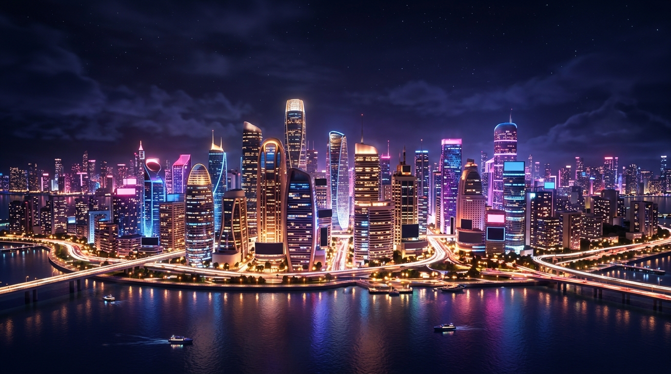 Soft 3d render of city skyline at night, wide shot with open space at the top for text, vivid colors, high contrast, energetic, 16:9 aspect ratio