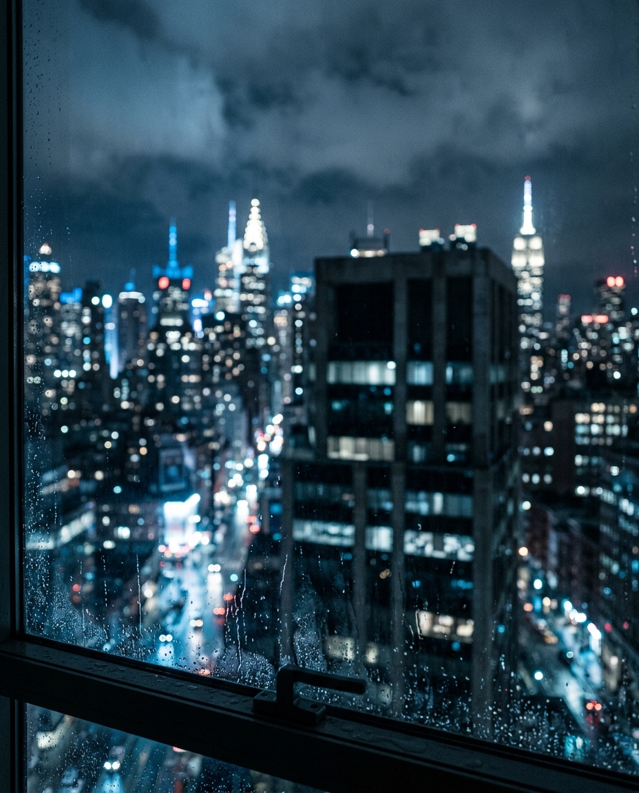 Cinematic film still of city skyline at night, close-up detail with shallow depth of field, cool blue tones, quiet atmosphere, 4:5 aspect ratio