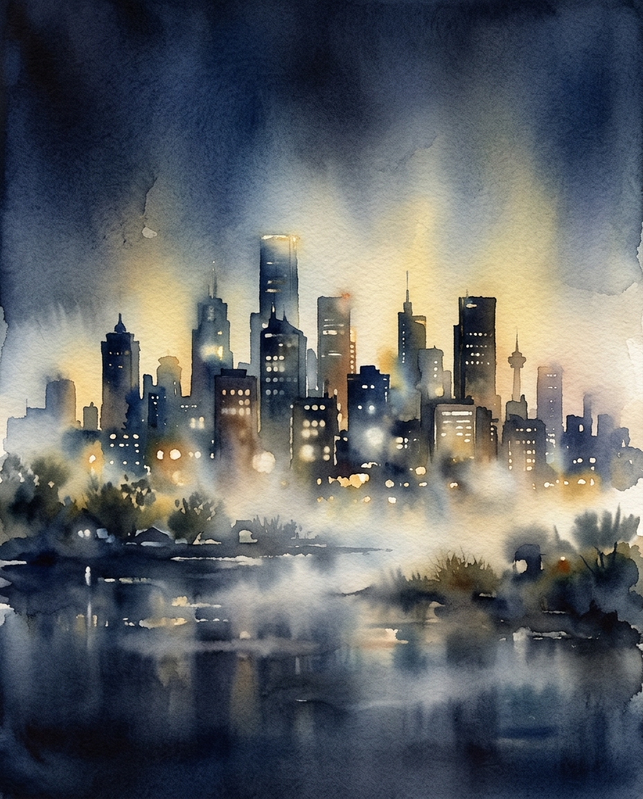 Watercolor illustration of city skyline at night, centered subject with a simple uncluttered composition, misty morning haze, dreamy, 4:5 aspect ratio