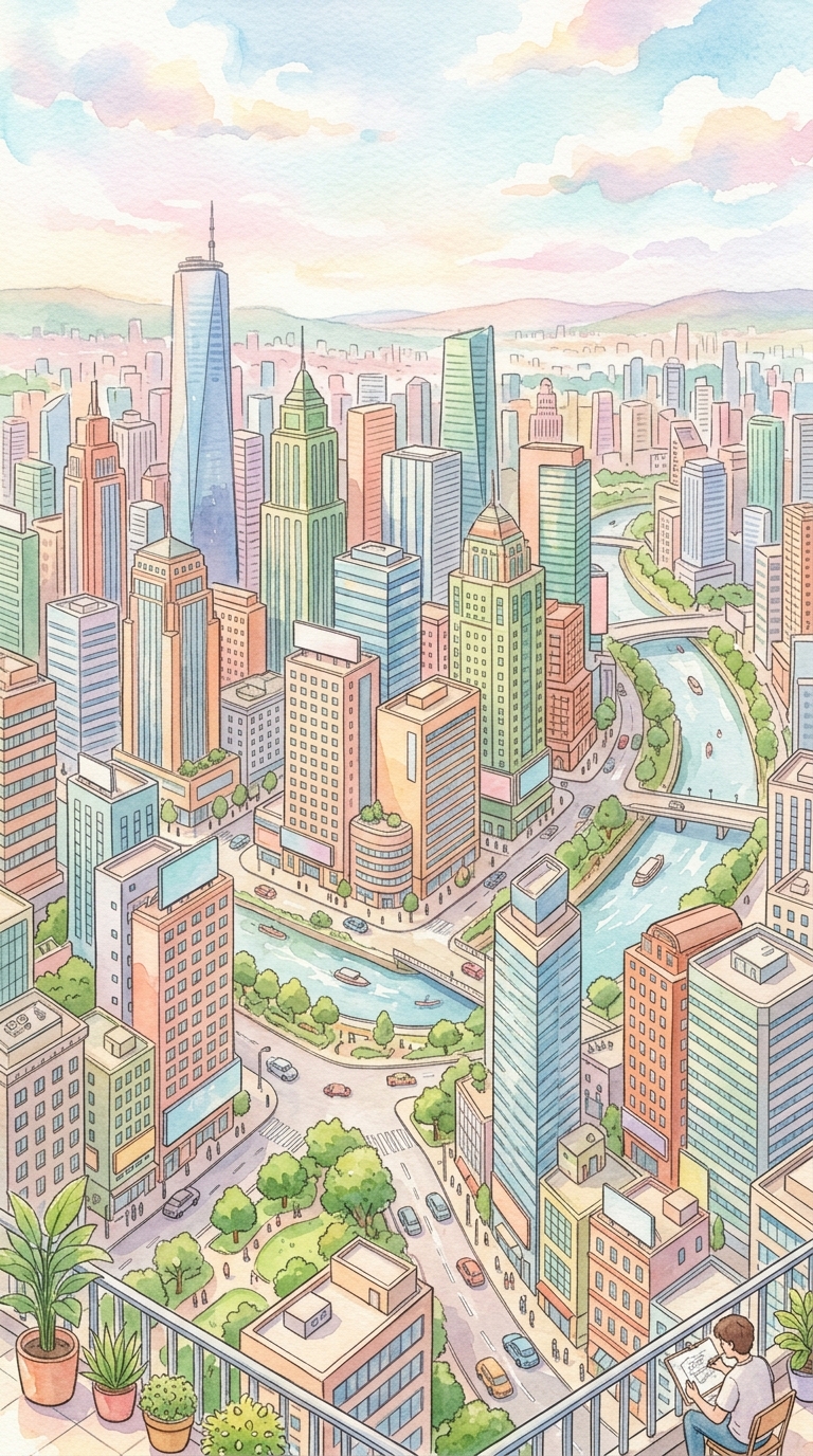 Watercolor illustration of modern city skyline, high-angle view from above, soft pastel colors, bright and cozy, 9:16 aspect ratio
