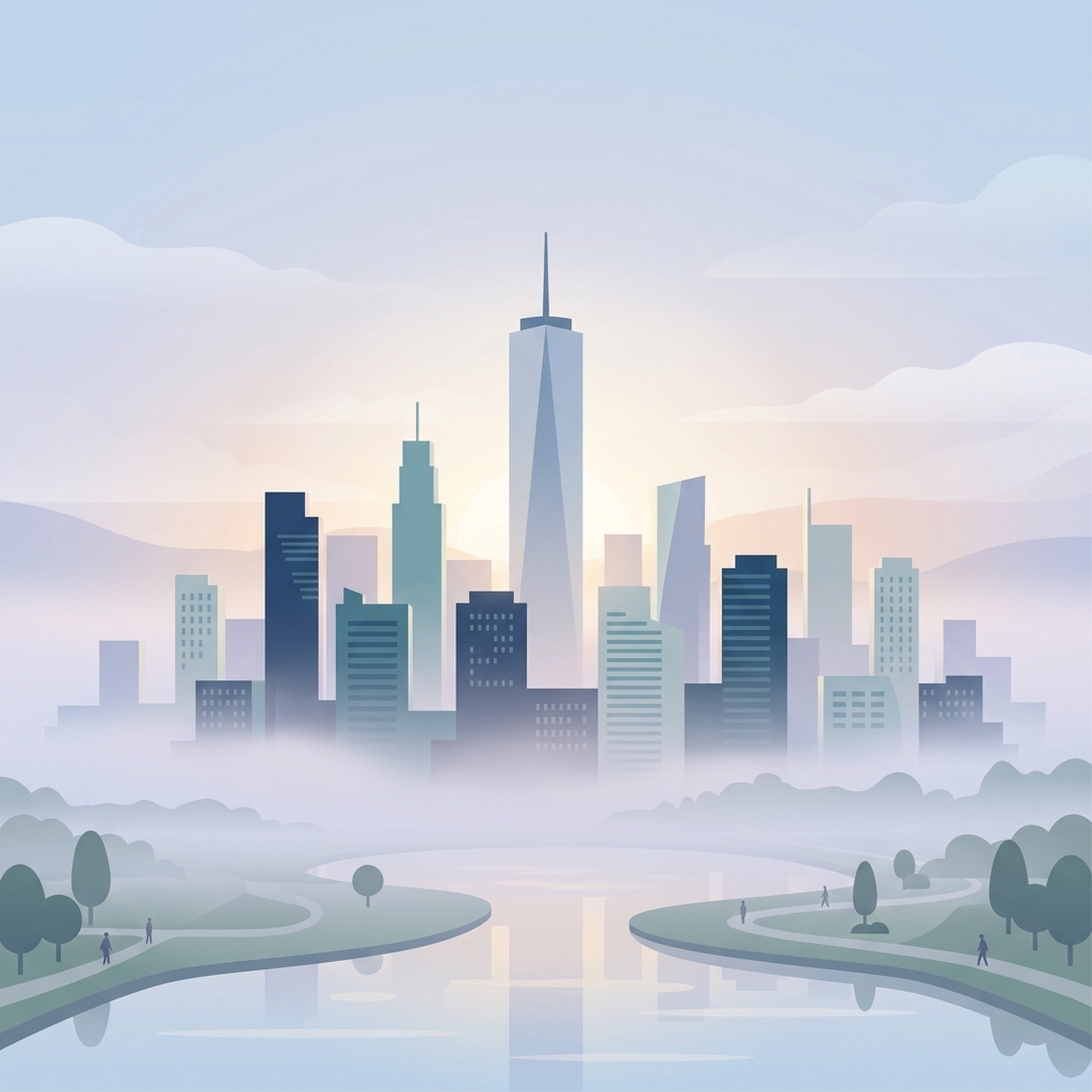 Minimal flat illustration of modern city skyline, centered subject with a simple uncluttered composition, misty morning haze, dreamy, 1:1 aspect ratio