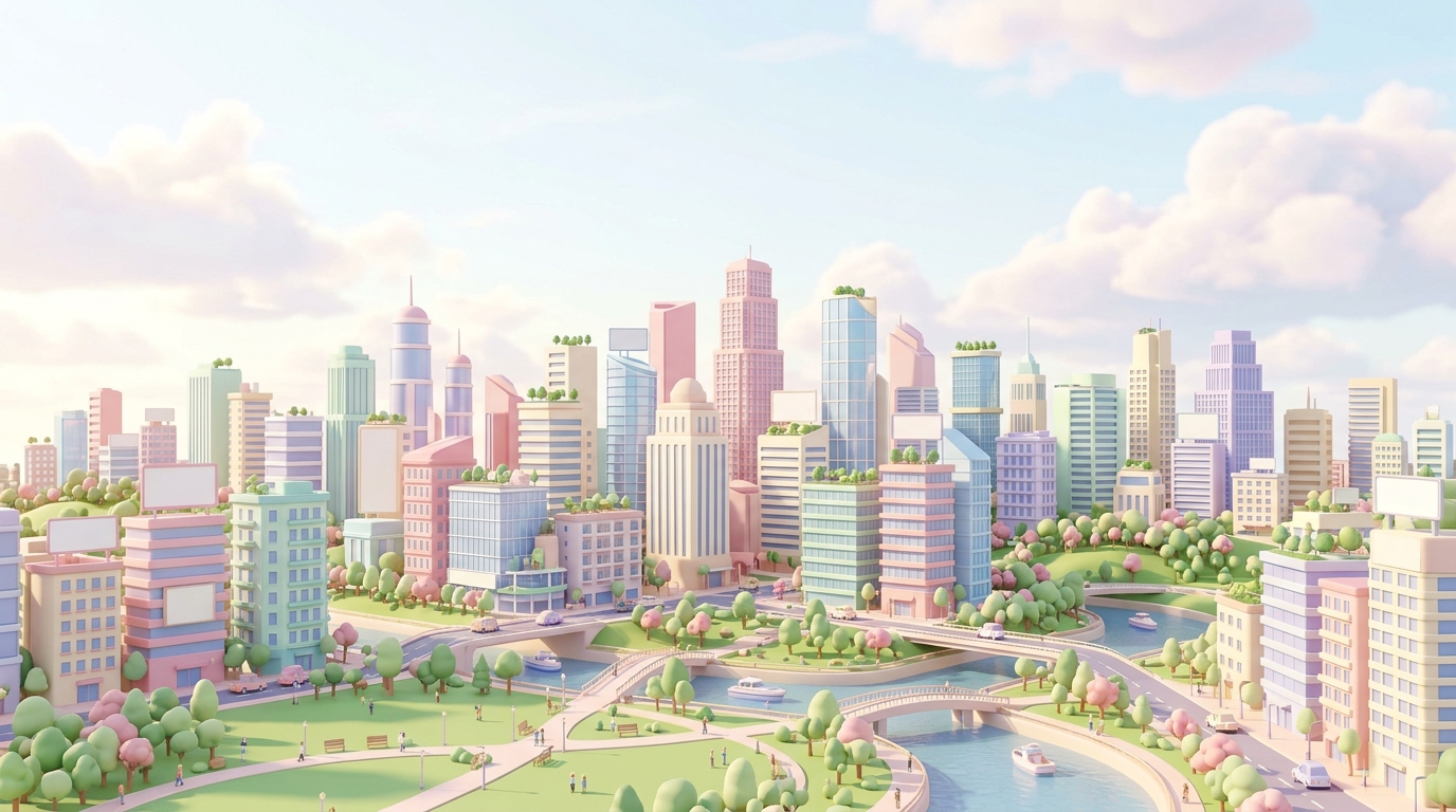 Soft 3d render of modern city skyline, wide shot with open space at the top for text, soft pastel colors, bright and cozy, 16:9 aspect ratio