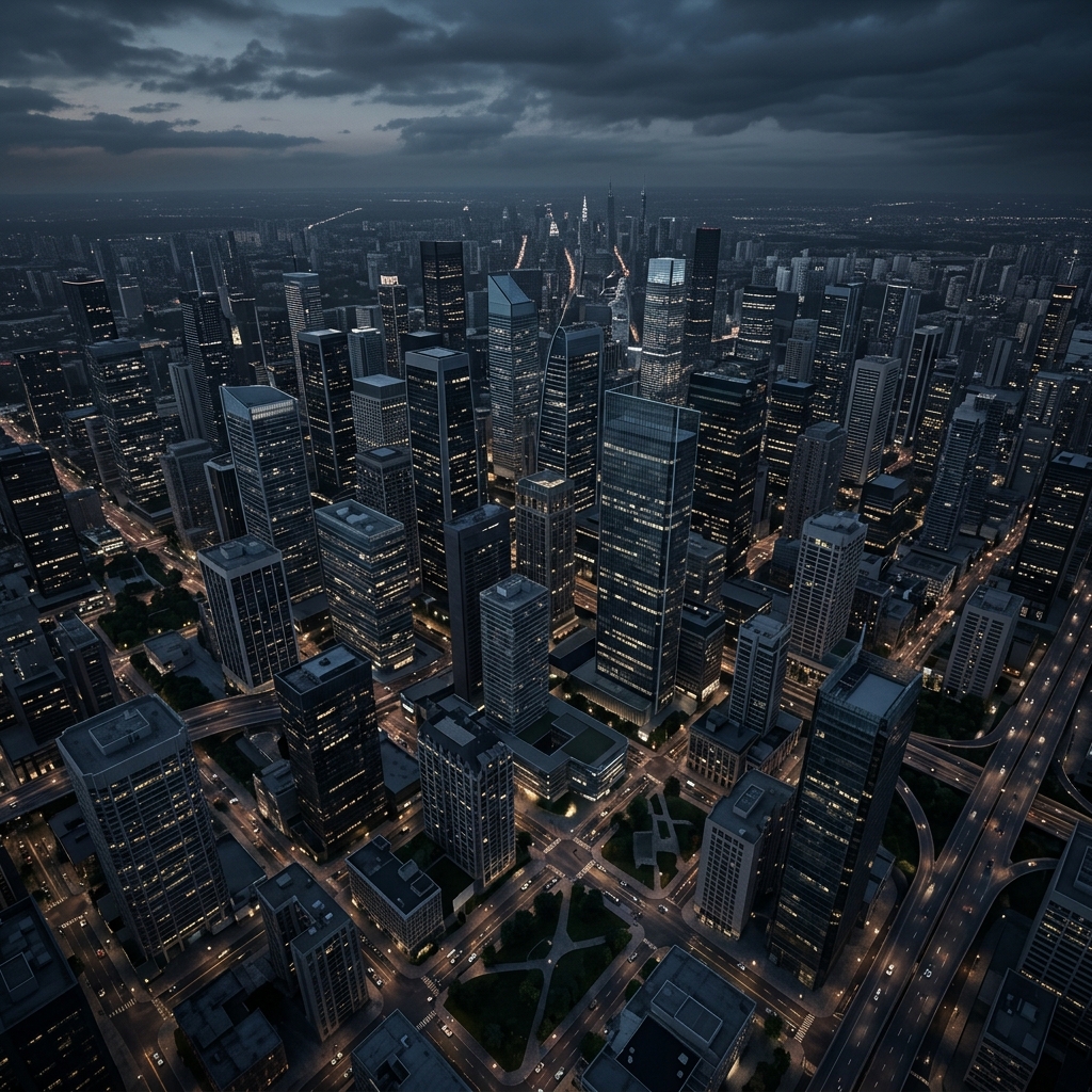 Soft 3d render of modern city skyline, high-angle view from above, moody dark tones, dramatic lighting, 1:1 aspect ratio