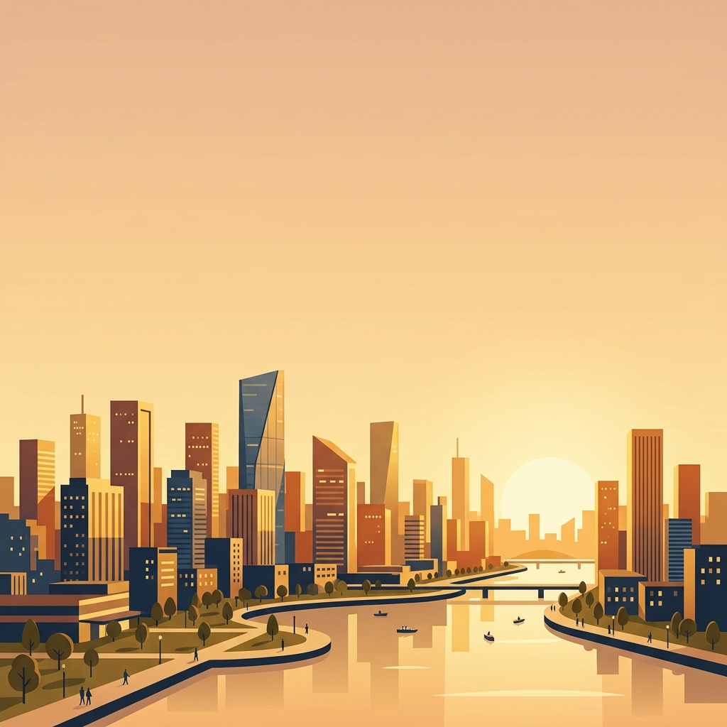 Minimal flat illustration of modern city skyline, wide shot with open space at the top for text, warm golden light, calm mood, 1:1 aspect ratio