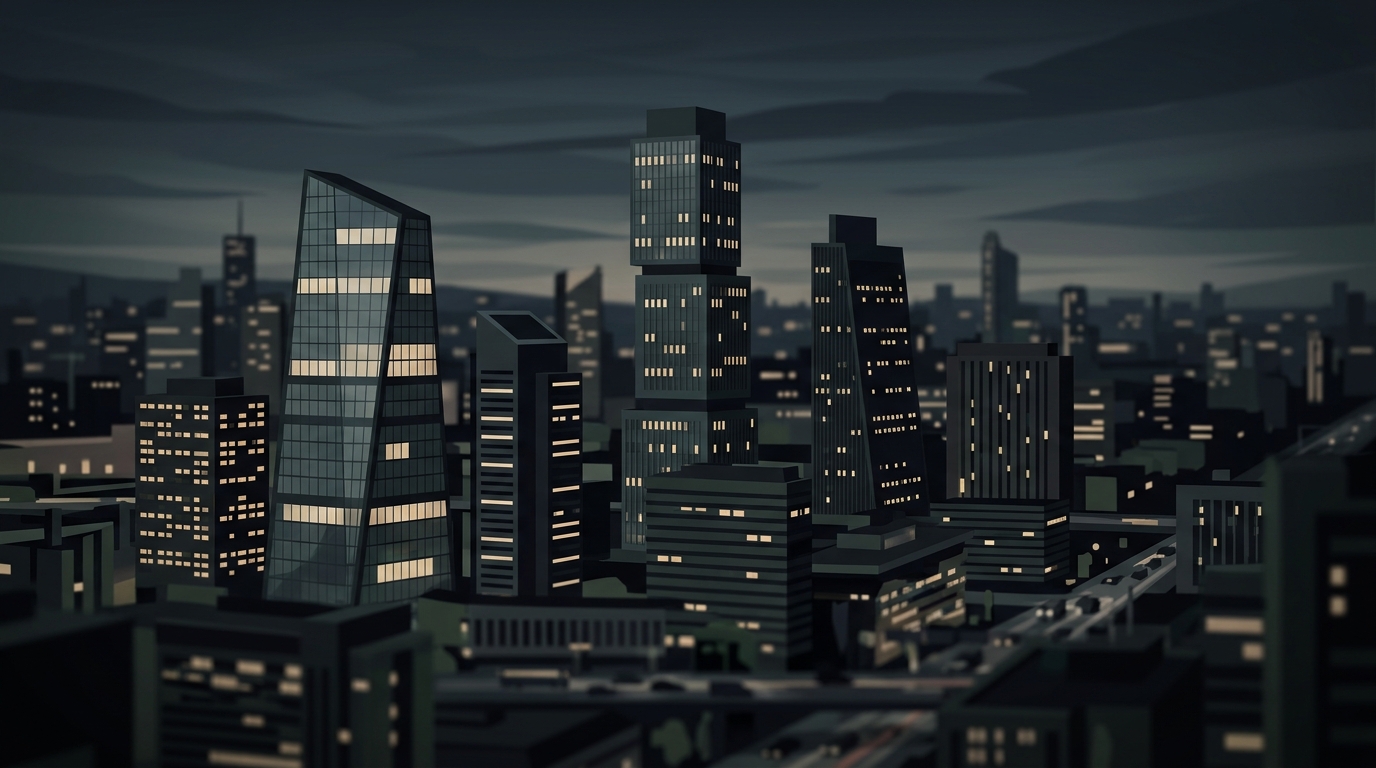 Minimal flat illustration of modern city skyline, close-up detail with shallow depth of field, moody dark tones, dramatic lighting, 16:9 aspect ratio