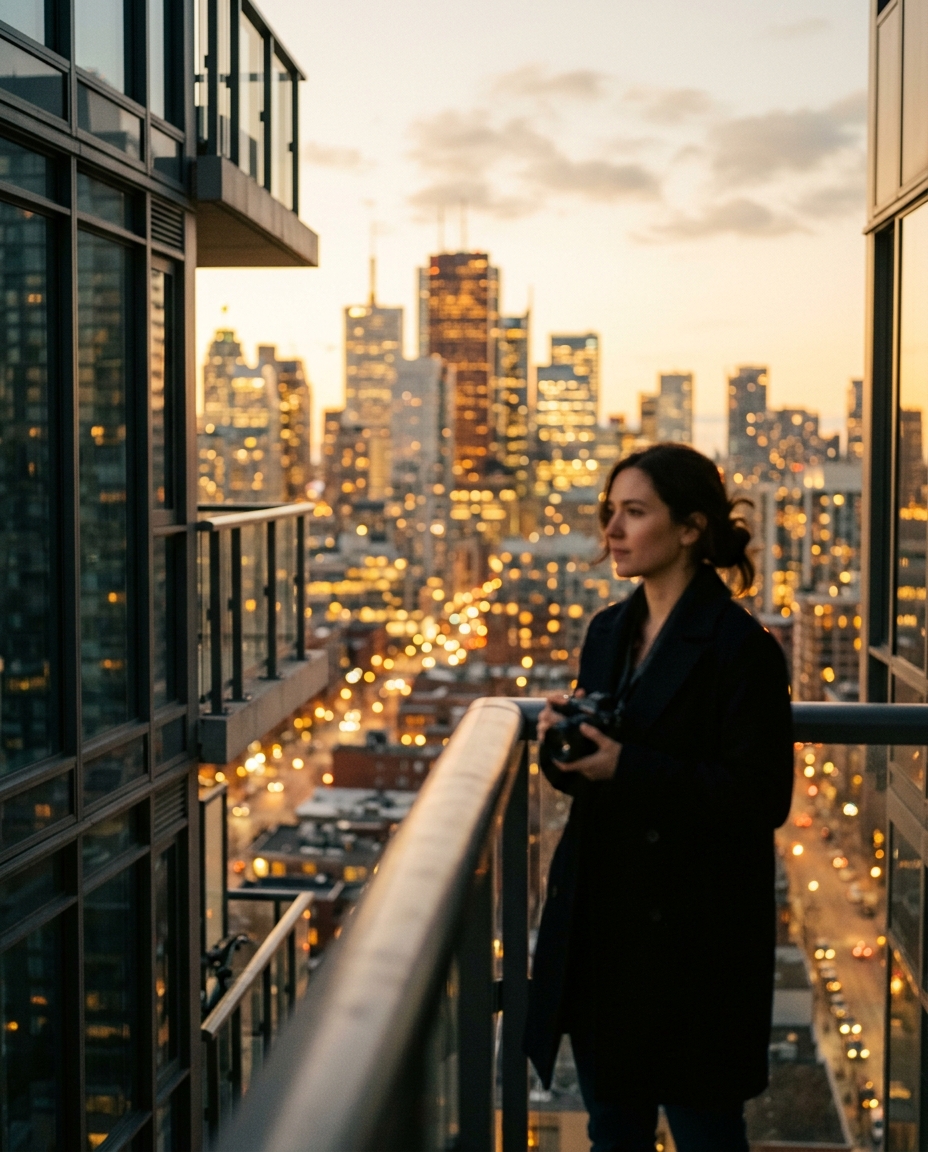 Cinematic film still of modern city skyline, close-up detail with shallow depth of field, warm golden light, calm mood, 4:5 aspect ratio