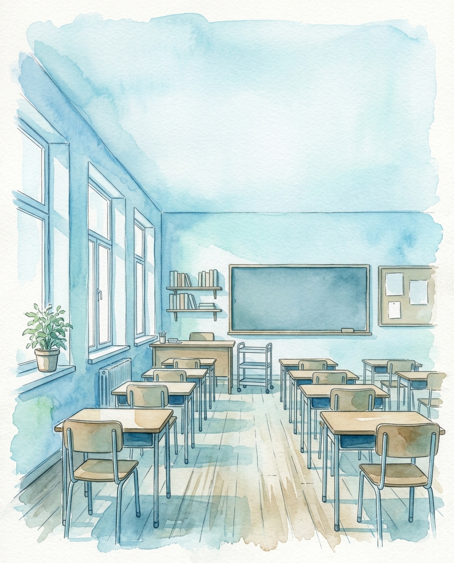 Watercolor illustration of a bright empty classroom with wooden desks, wide shot with open space at the top for text, cool blue tones, quiet atmosphere, 4:5 aspect ratio
