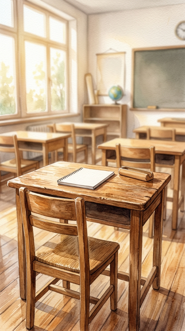 Watercolor illustration of a bright empty classroom with wooden desks, close-up detail with shallow depth of field, warm golden light, calm mood, 9:16 aspect ratio