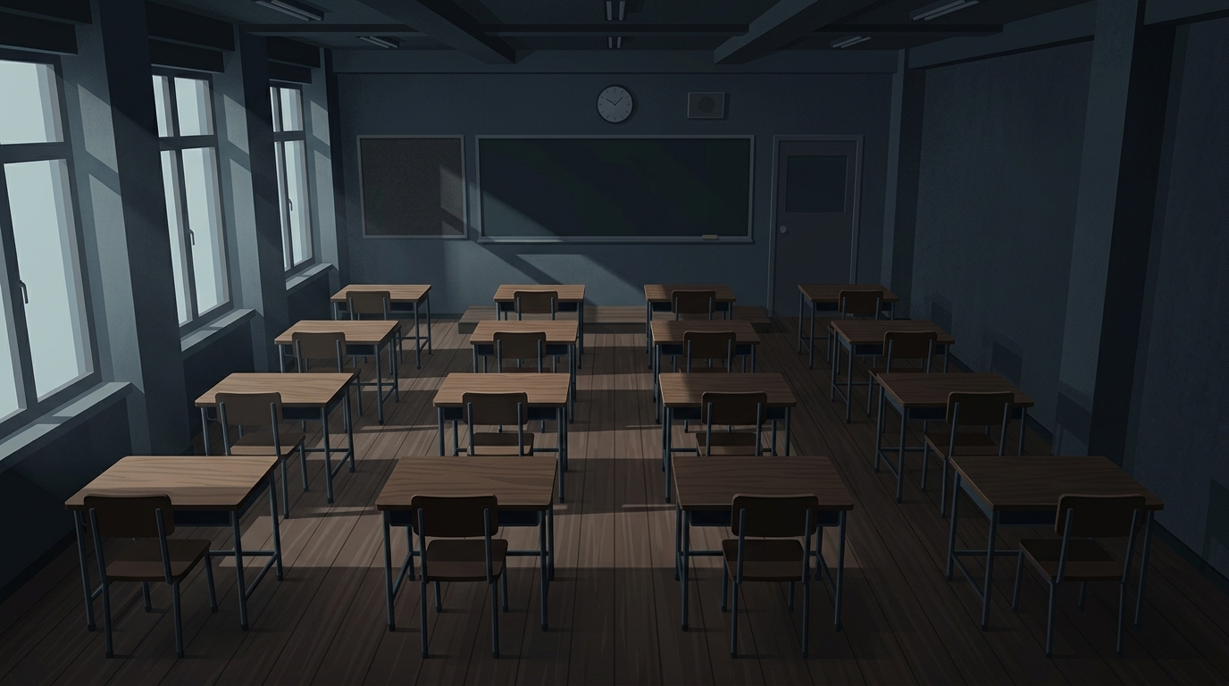Minimal flat illustration of a bright empty classroom with wooden desks, high-angle view from above, moody dark tones, dramatic lighting, 16:9 aspect ratio