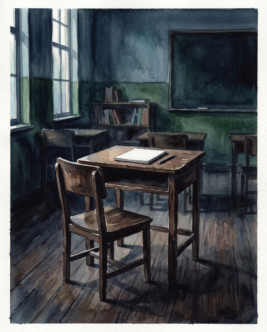 Watercolor illustration of a bright empty classroom with wooden desks, centered subject with a simple uncluttered composition, moody dark tones, dramatic lighting, 4:5 aspect ratio