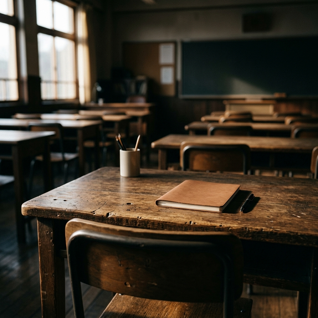 Photorealistic photo of a bright empty classroom with wooden desks, close-up detail with shallow depth of field, moody dark tones, dramatic lighting, 1:1 aspect ratio
