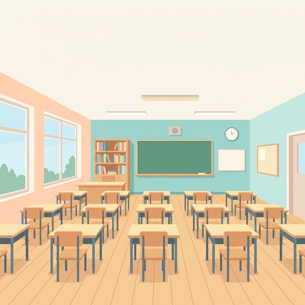 Minimal flat illustration of a bright empty classroom with wooden desks, wide shot with open space at the top for text, soft pastel colors, bright and cozy, 1:1 aspect ratio