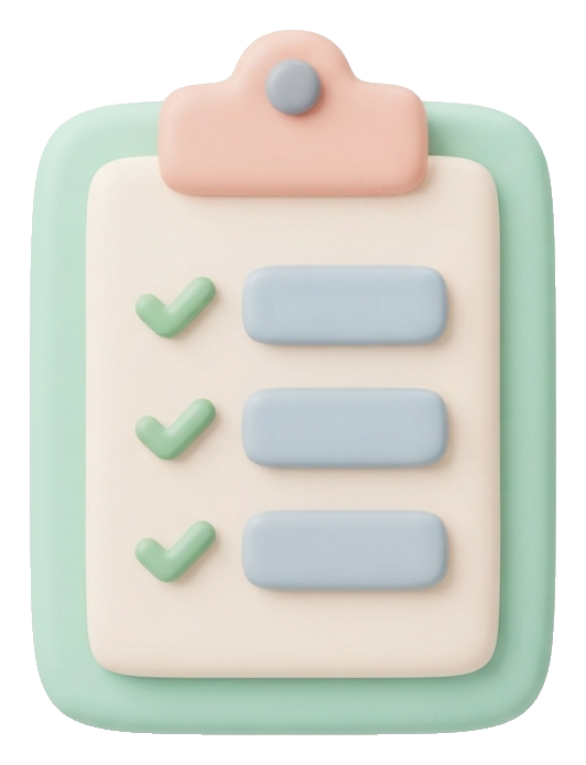 Soft 3D icon, pastel clay render of a clipboard checklist icon, transparent background PNG