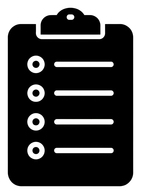 Bold black glyph icon, solid filled silhouette of a clipboard checklist icon, transparent background PNG