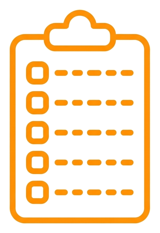 Rounded line icon, thick orange outline of a clipboard checklist icon, transparent background PNG