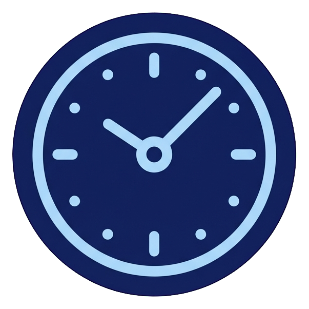 Duotone icon, navy blue and light blue of a round clock icon, transparent background PNG