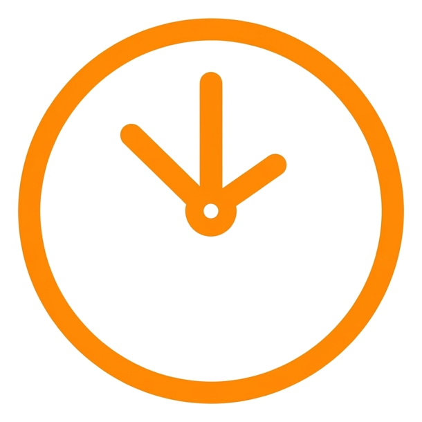 Rounded line icon, thick orange outline of a round clock icon, transparent background PNG